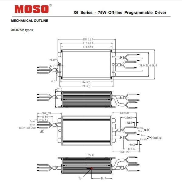 Driver LED MOSO Regulable y programable X6-075M para luminarias LED hasta  75W 90-305 V AC.