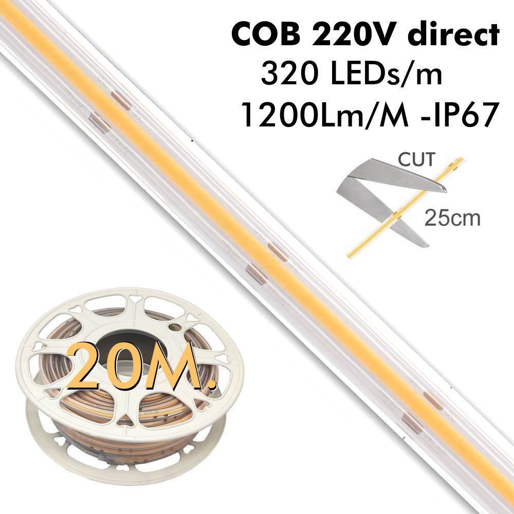 Tira LED COB 220V | 448 LED/m | 20m | FLIP CHIP | 1200Lm/M |14W/M | CRI+82  | IP67